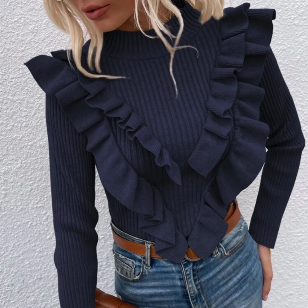 Boho navy blue ribbed knit ruffles sweater top
